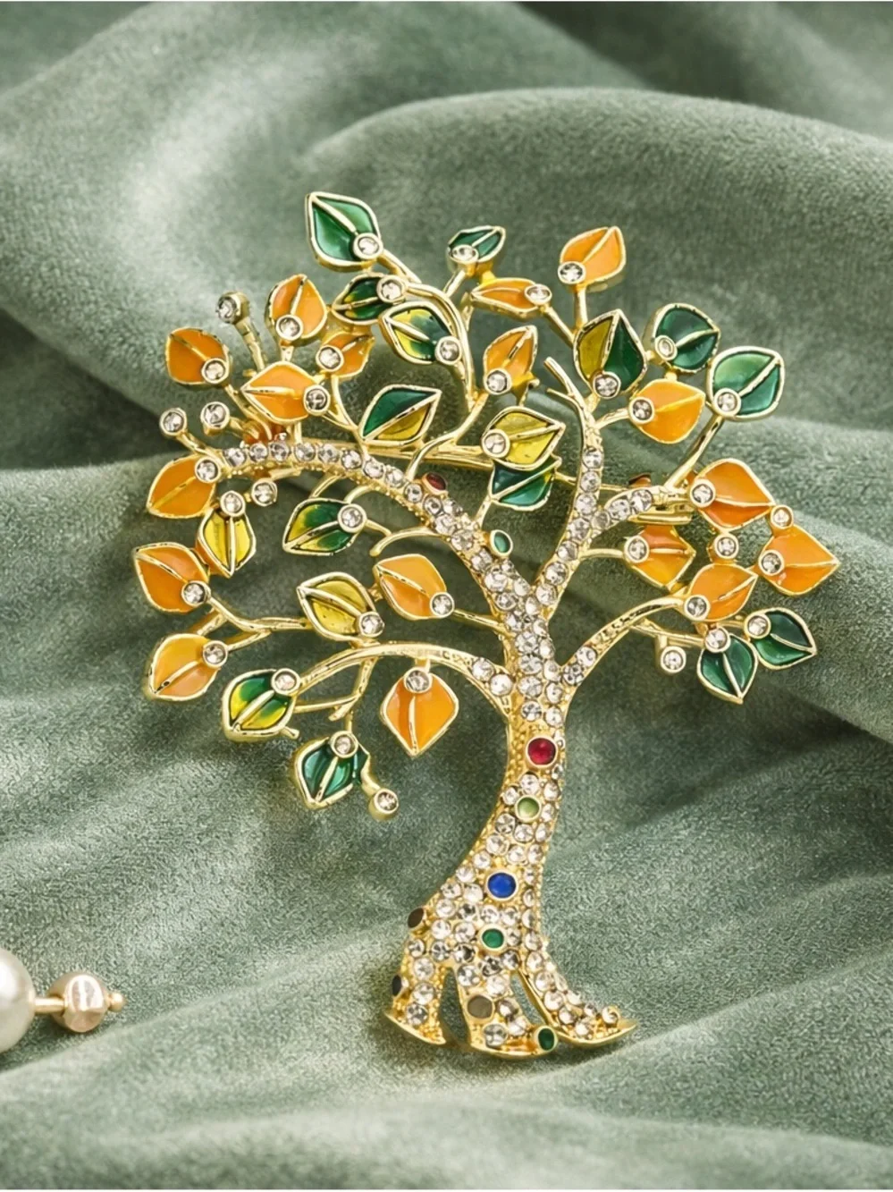 Family Tree Gold Crystal Colorful Leaf Pin Brooch